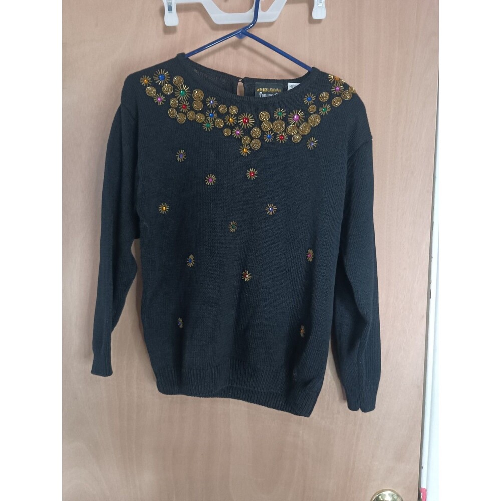 Trimmings Sweater Black Wonens Pullover Long Sleeve Embellished Beaded - Size M
